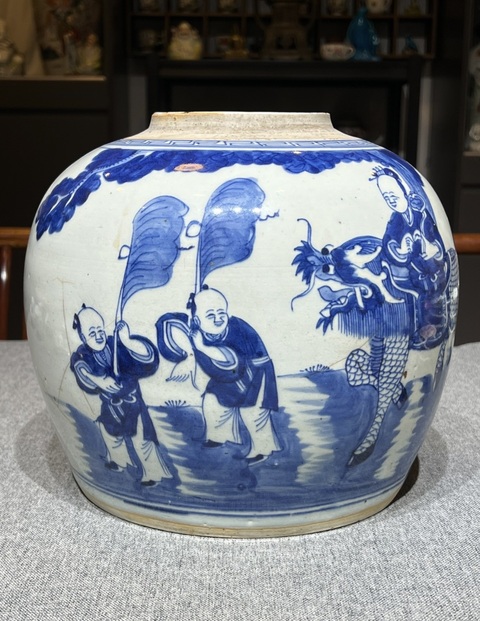 古玩陶瓷乾嘉時期青花麒麟送子圖罐拍賣,當前價格888元