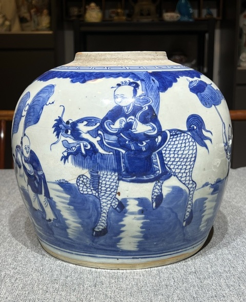 古玩陶瓷乾嘉時期青花麒麟送子圖罐拍賣,當前價格888元