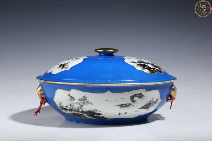 古玩陶瓷民國(guó)名家·藍(lán)地開窗墨彩山水紋蓋鍋拍賣,當(dāng)前價(jià)格3500元