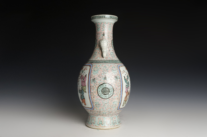 古玩陶瓷晚清·粉彩開窗福慶有余紋象耳瓶真品鑒賞圖
