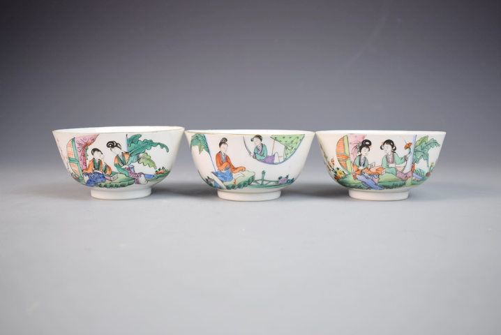 古玩陶瓷民國粉彩侍女詩文碗一組三只真品鑒賞圖