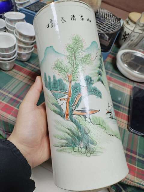 古玩陶瓷青綠山水彩山水紋帽筒拍賣，當(dāng)前價(jià)格1500元