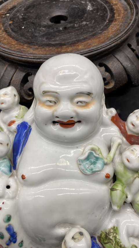 古玩陶瓷（保真卡）粉彩五子登科彌勒佛塑像拍賣，當前價格4500元
