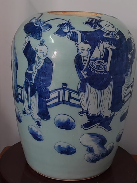 古玩陶瓷豆青釉高加白五子奪魁紋冬瓜罐拍賣,當(dāng)前價(jià)格2800元