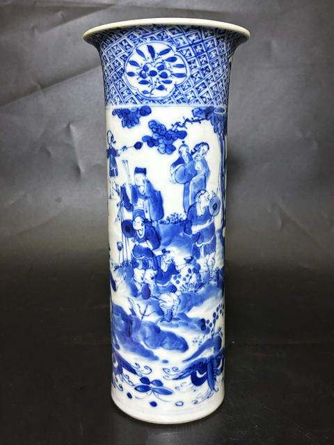 古玩陶瓷清晚期 細路青花市井人物三教九流紋箭筒拍賣，當前價格4500元