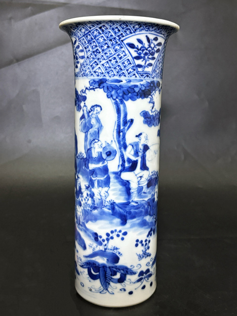 古玩陶瓷清晚期 細路青花市井人物三教九流紋箭筒拍賣，當前價格4500元