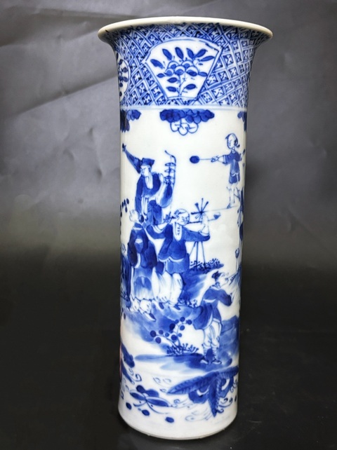 古玩陶瓷清晚期 細路青花市井人物三教九流紋箭筒拍賣，當前價格4500元