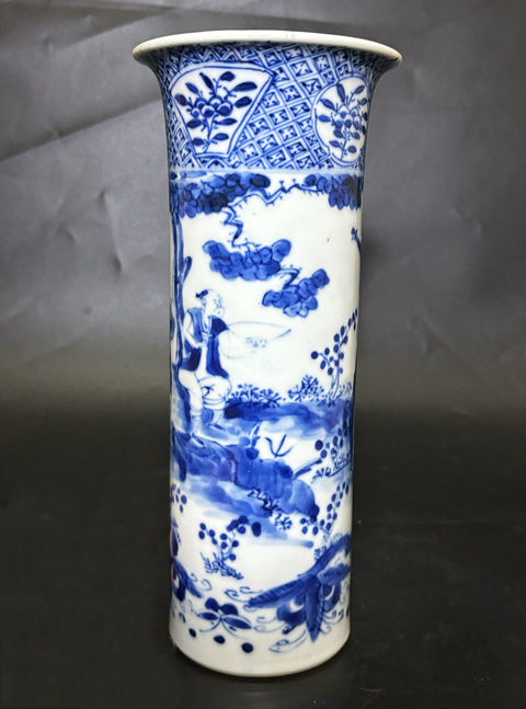 古玩陶瓷清晚期 細路青花市井人物三教九流紋箭筒拍賣，當前價格4500元