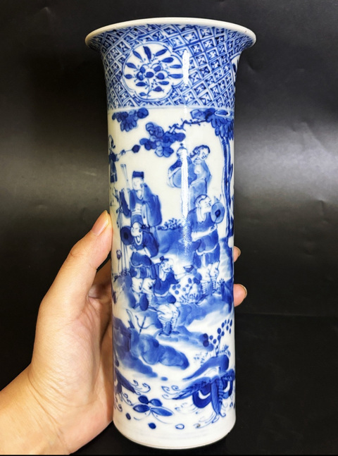 古玩陶瓷清晚期 細路青花市井人物三教九流紋箭筒拍賣，當前價格4500元