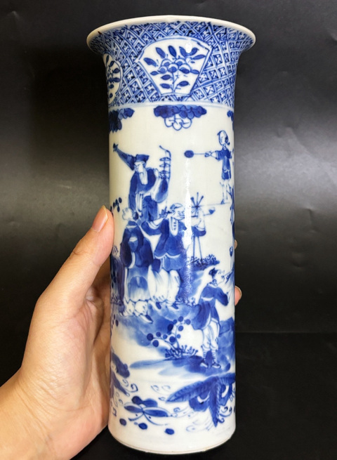 古玩陶瓷清晚期 細路青花市井人物三教九流紋箭筒拍賣，當前價格4500元