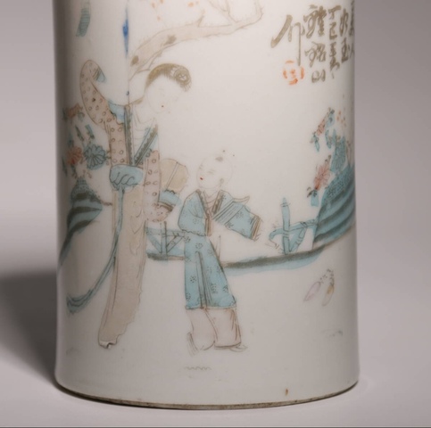 古玩陶瓷三娘教子圖粉彩筆筒拍賣,當前價格1600元