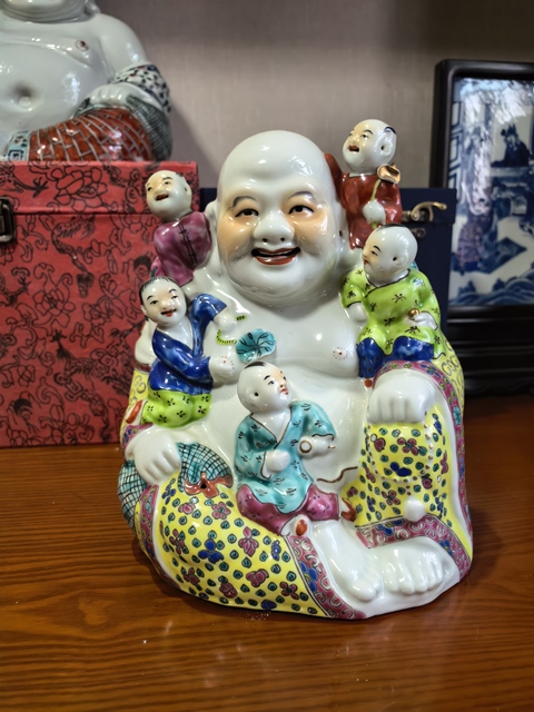 古玩陶瓷粉彩五子登科彌勒佛坐像拍賣，當前價格5999元