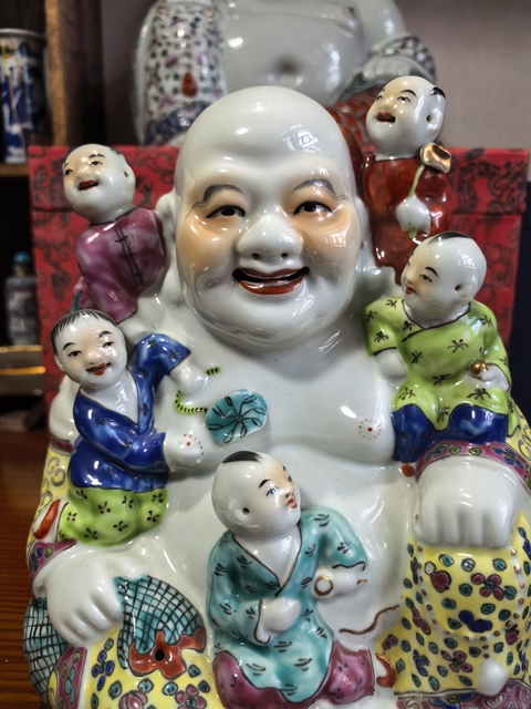 古玩陶瓷粉彩五子登科彌勒佛坐像拍賣，當前價格5999元