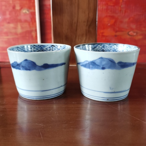 古玩陶瓷【特價】民國青花萊菔紋杯一對拍賣,當前價格239元