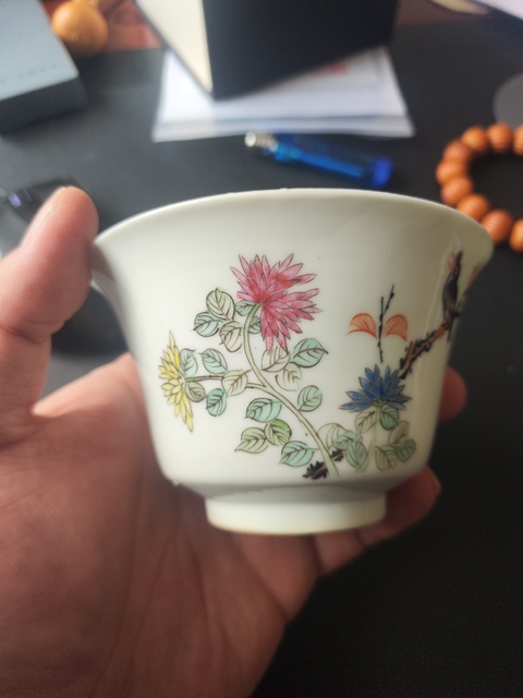 古玩陶瓷清晚清粉彩花鳥紋碗拍賣，當前價格1600元