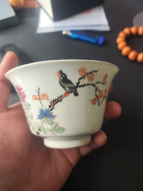 古玩陶瓷清晚清粉彩花鳥紋碗拍賣，當前價格1600元