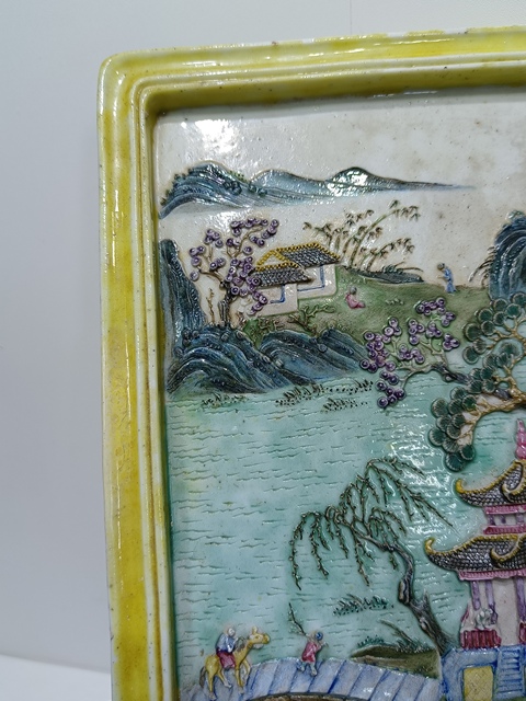 古玩陶瓷晚清民國浮雕山水加彩紋四方瓷板拍賣，當前價格18800元