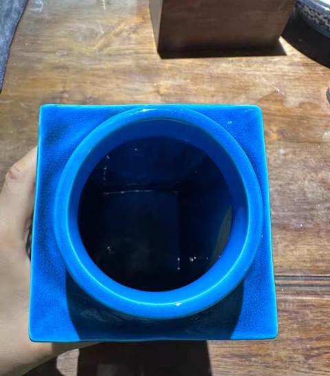 古玩陶瓷民國解放初?孔雀藍釉琮式瓶（有保真卡）拍賣，當前價格5000元