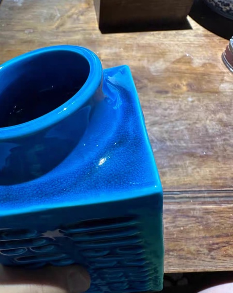 古玩陶瓷民國解放初?孔雀藍釉琮式瓶（有保真卡）拍賣，當前價格5000元