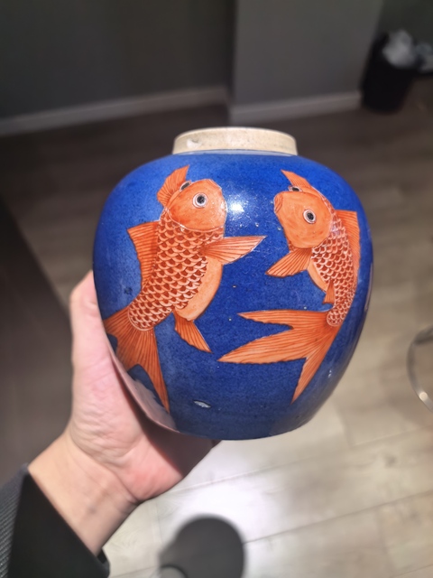 古玩陶瓷晚清?灑藍釉礬紅金玉滿堂紋罐拍賣，當前價格4888元