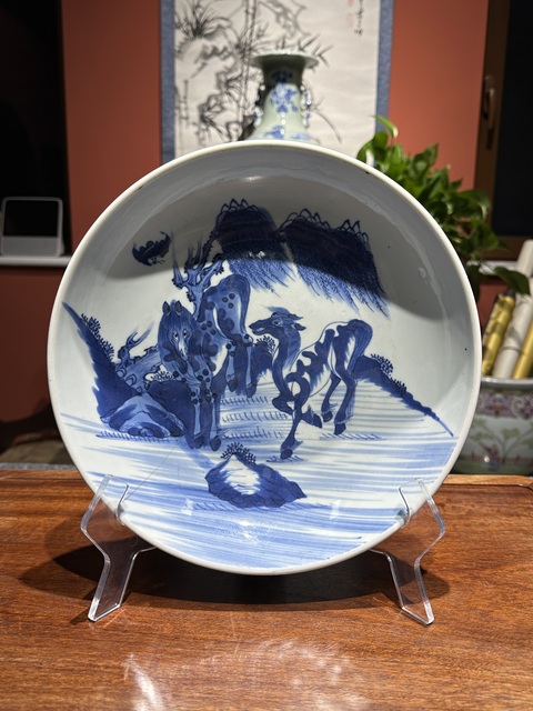 古玩陶瓷清代雍正青花雙駿盤拍賣，當前價格4800元