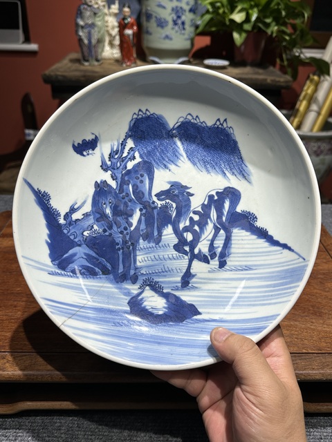 古玩陶瓷清代雍正青花雙駿盤拍賣，當前價格4800元