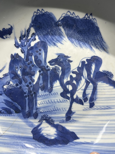 古玩陶瓷清代雍正青花雙駿盤拍賣，當前價格4800元