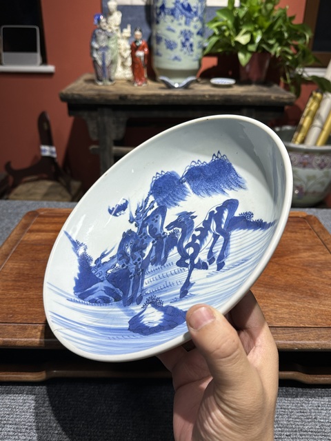 古玩陶瓷清代雍正青花雙駿盤拍賣，當前價格4800元