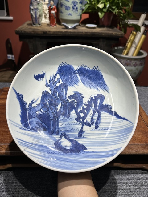 古玩陶瓷清代雍正青花雙駿盤拍賣，當前價格4800元