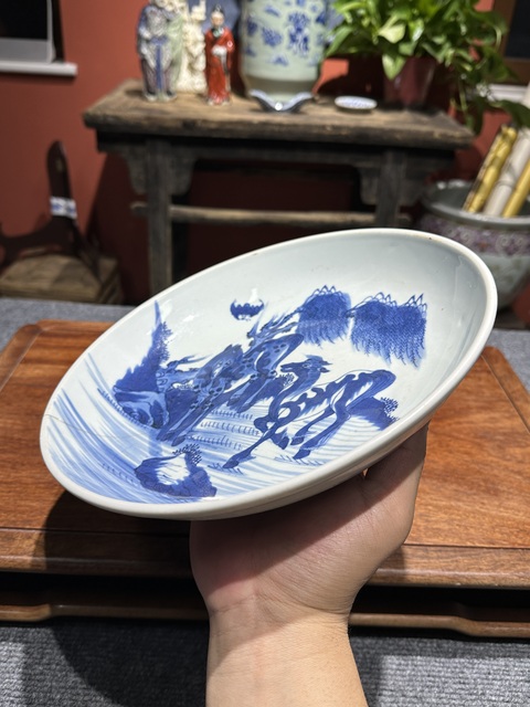 古玩陶瓷清代雍正青花雙駿盤拍賣，當前價格4800元