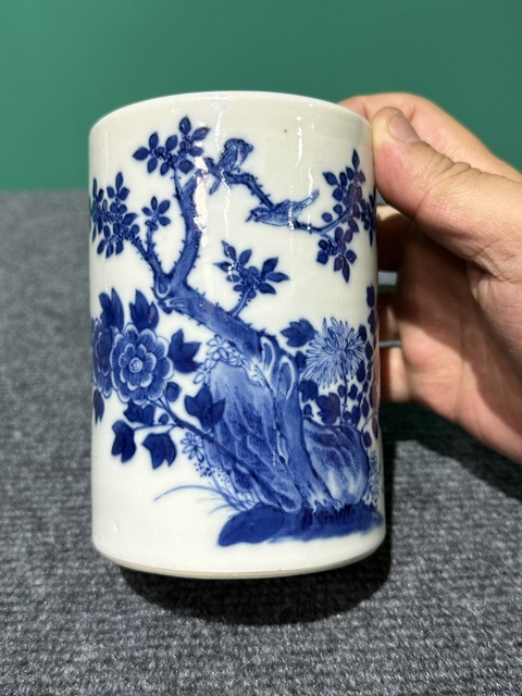古玩陶瓷清代光緒青花花鳥紋筆筒拍賣，當前價格6800元