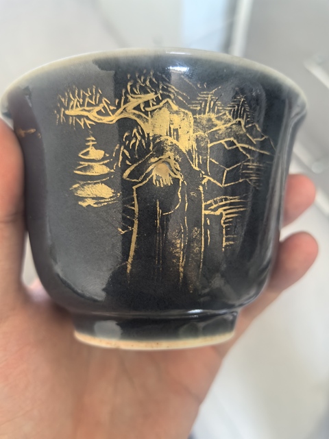 古玩陶瓷霽藍釉描金山水紋杯拍賣,當前價格850元