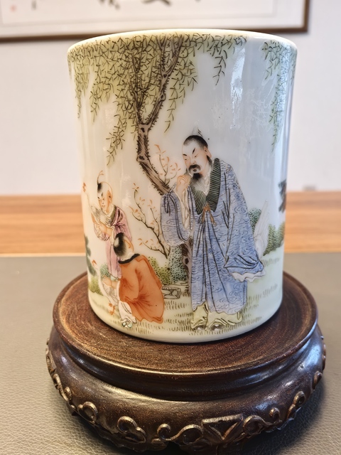 古玩陶瓷超細粉彩王羲之愛鵝紋大筆筒拍賣,當前價格7500元