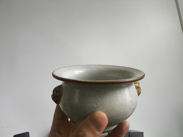 古玩陶瓷清中·哥釉獸耳香爐 口真品鑒賞圖