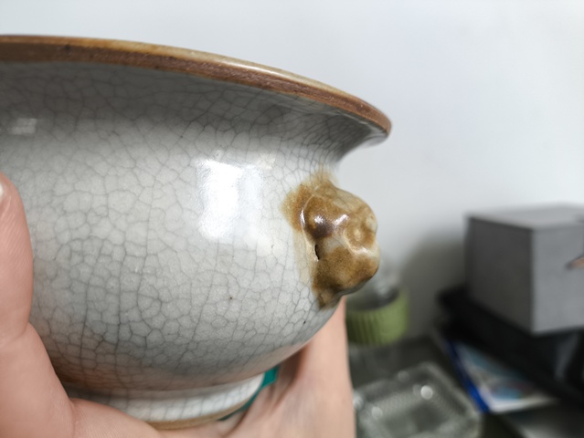 古玩陶瓷清中·哥釉獸耳香爐 口真品鑒賞圖