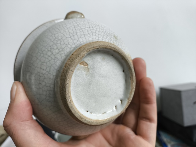 古玩陶瓷清中·哥釉獸耳香爐 口真品鑒賞圖
