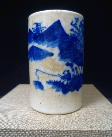 古玩陶瓷晚清哥釉青花山水筆筒文房器路份高品相如圖器身開片非常漂亮拍賣,當前價格1698元