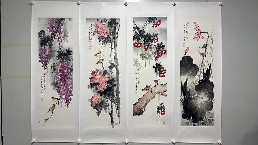 古玩字畫鄧永廣花鳥四屏拍賣，當前價格20000元