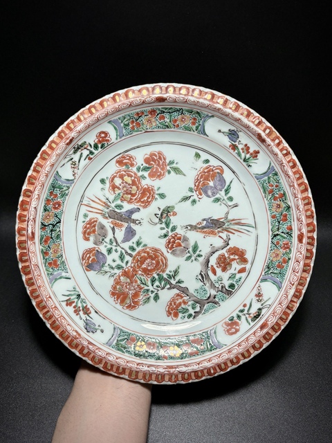 古玩陶瓷清康熙·五彩“錦上添花”錦雞牡丹紋花口折腰盤拍賣,當前價格2850元