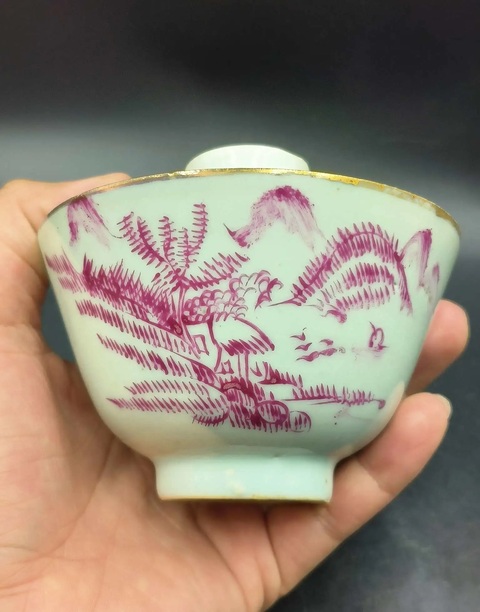 古玩陶瓷胭脂紅彩山水人物蓋碗拍賣,當前價格899元
