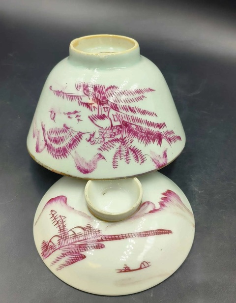 古玩陶瓷胭脂紅彩山水人物蓋碗拍賣,當前價格899元