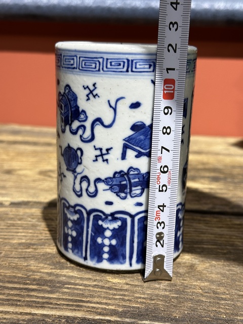 古玩陶瓷清代光緒青花博古紋筆筒拍賣，當前價格3200元
