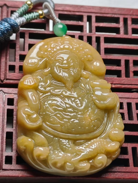 古玩玉器(特價)天然翡翠財神題材掛件(帶翡翠鑒定證書)拍賣，當前價格880元