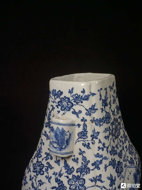 古玩陶瓷青花開光人物紋貫耳瓶，疑似復(fù)窯拍賣，當(dāng)前價(jià)格15000元