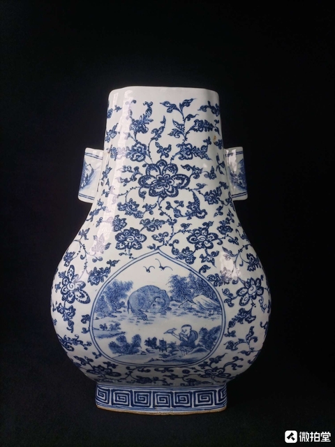 古玩陶瓷青花開光人物紋貫耳瓶，疑似復(fù)窯拍賣，當(dāng)前價(jià)格15000元