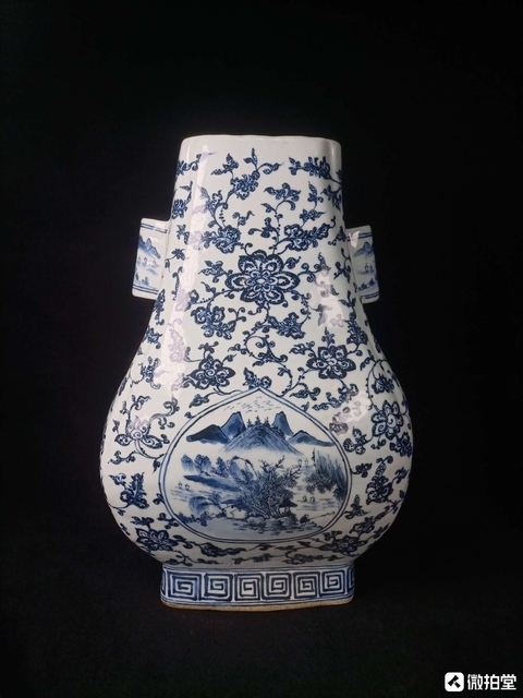 古玩陶瓷青花開光人物紋貫耳瓶，疑似復(fù)窯拍賣，當(dāng)前價(jià)格15000元