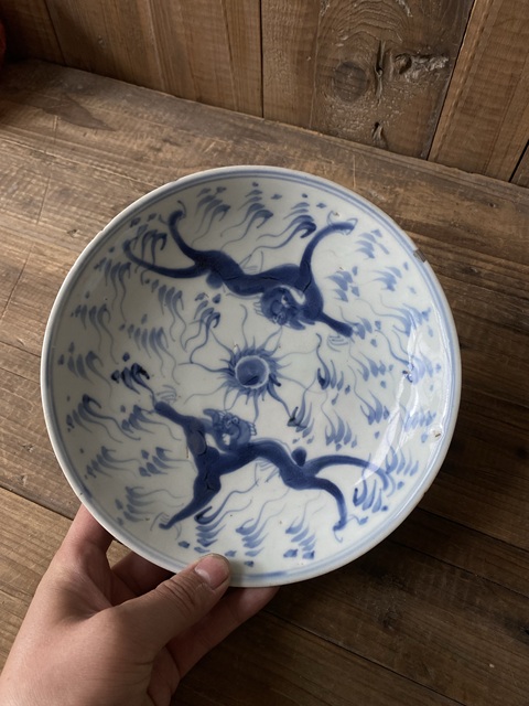 古玩陶瓷清中期青花夔龍紋盤拍賣,當前價格980元