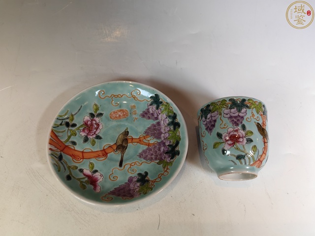 古玩陶瓷民國大雅齋風格花鳥紋松石綠釉粉彩杯盤拍賣，當前價格3000元