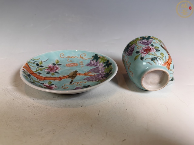 古玩陶瓷民國大雅齋風格花鳥紋松石綠釉粉彩杯盤拍賣，當前價格3000元