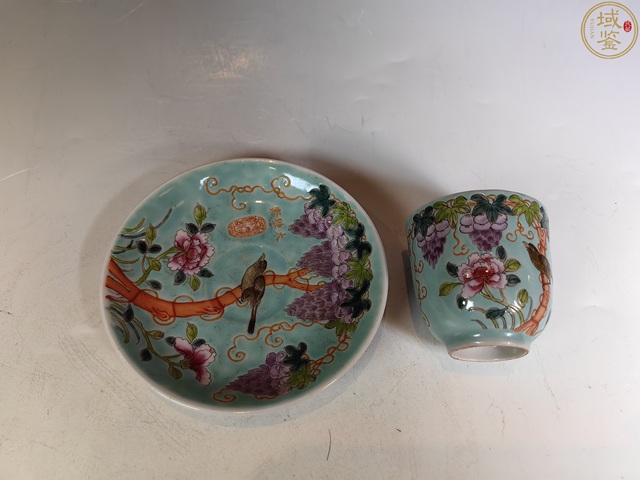 古玩陶瓷民國大雅齋風格花鳥紋松石綠釉粉彩杯盤拍賣，當前價格3000元